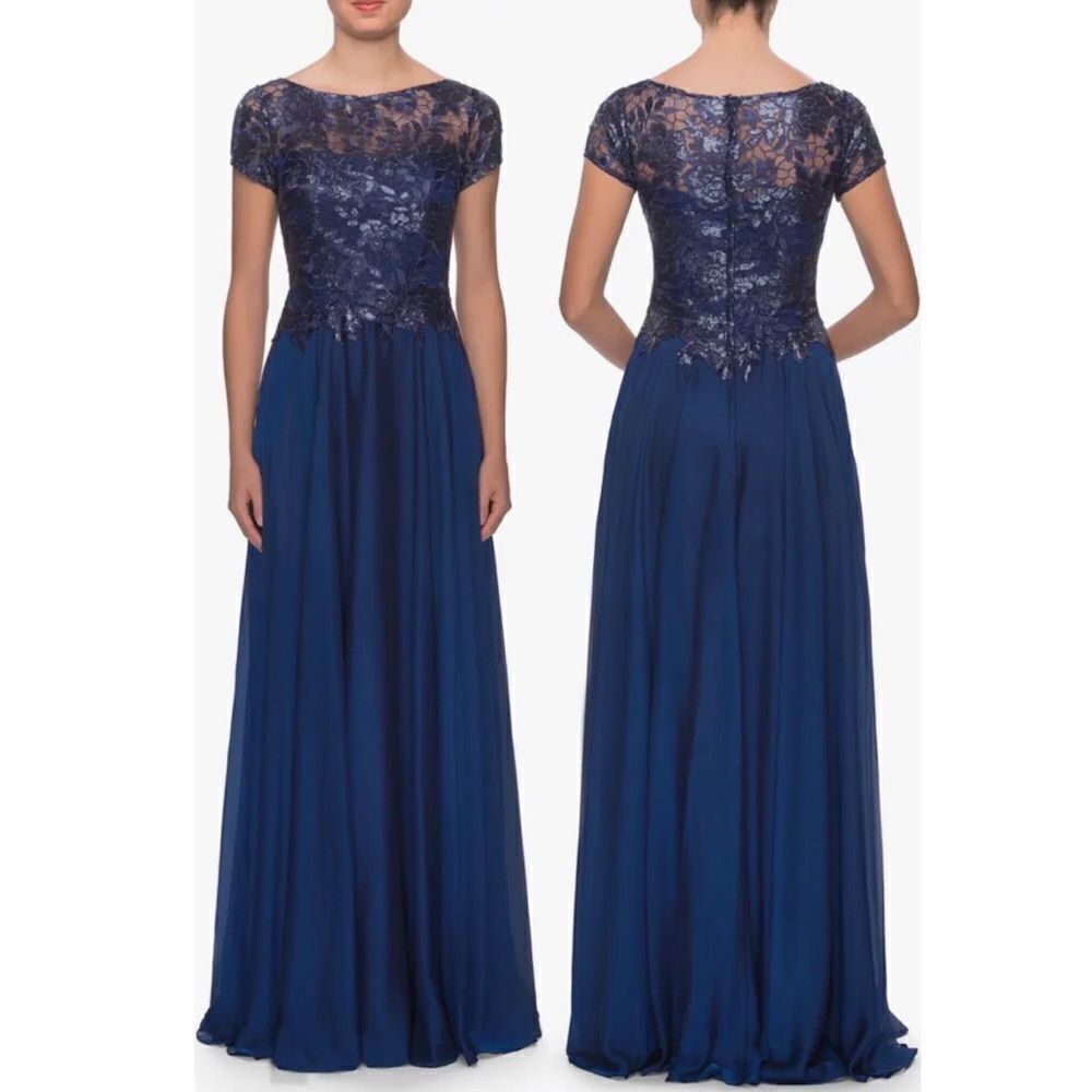 La Femme Floral Lace and Satin Navy Blue Short Sleeve Formal Gown Size 16 NWT